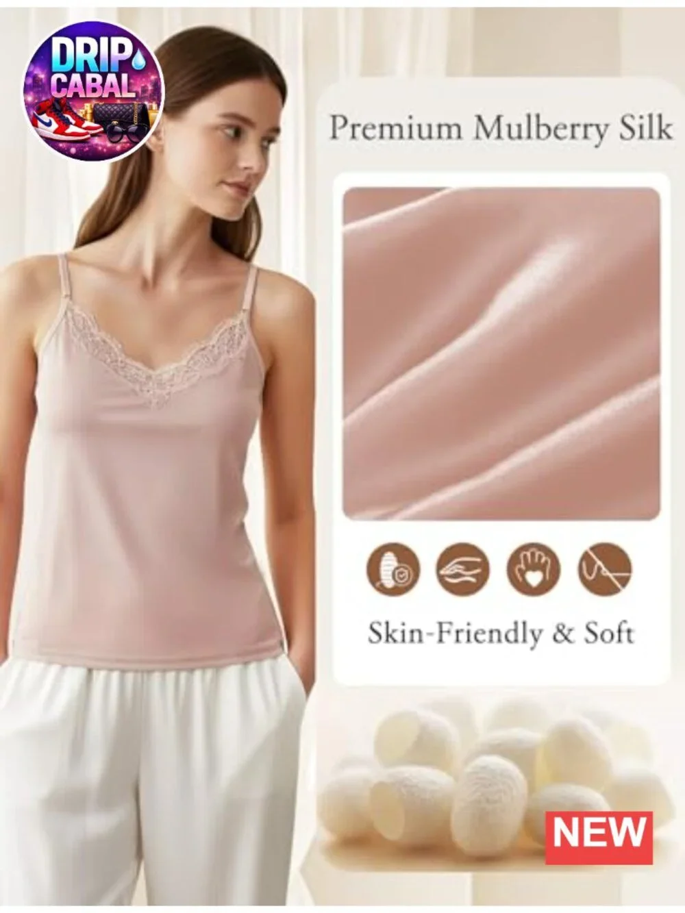 Mulberry Silk Knit Camisole Tank Top for Women Lace V-Neck Adjustable Spaghetti